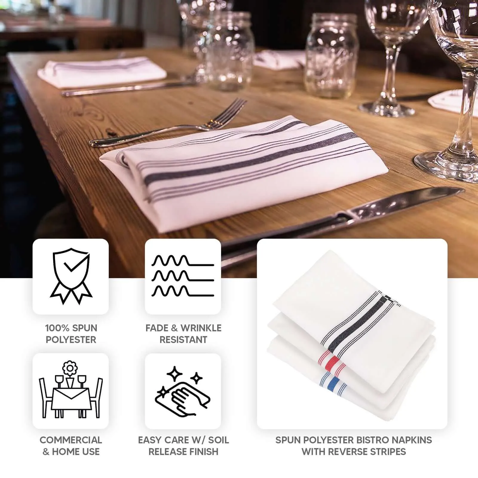 10 Pack Dusty Sage Green Spun Polyester Cloth Napkins with White Reverse Stripes, Premium Restaurant Quality Bistro Napkins - 18"x22"