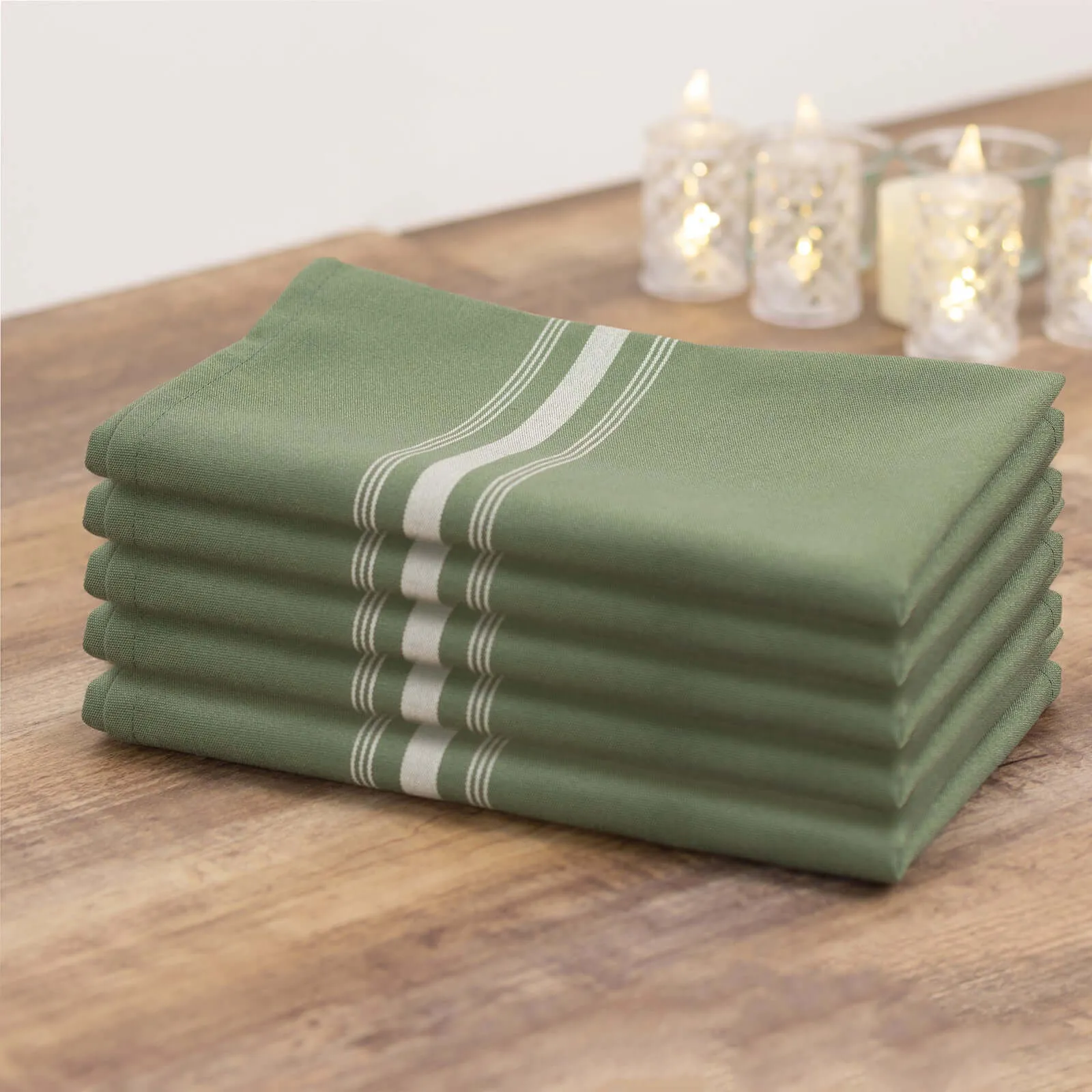 10 Pack Dusty Sage Green Spun Polyester Cloth Napkins with White Reverse Stripes, Premium Restaurant Quality Bistro Napkins - 18"x22"