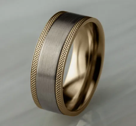 14K White and Yellow Gold Satin Finish Ring with Knurl Gold Detailed Edges-8mm