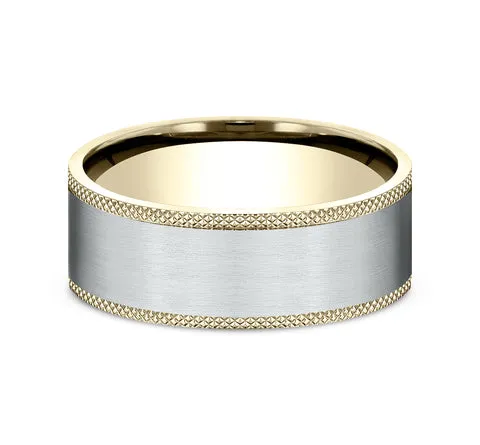 14K White and Yellow Gold Satin Finish Ring with Knurl Gold Detailed Edges-8mm