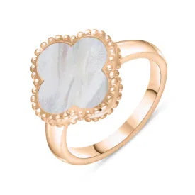 18ct Rose Gold White Mother of Pearl Bloom Four Leaf Clover Ball Edge Ring