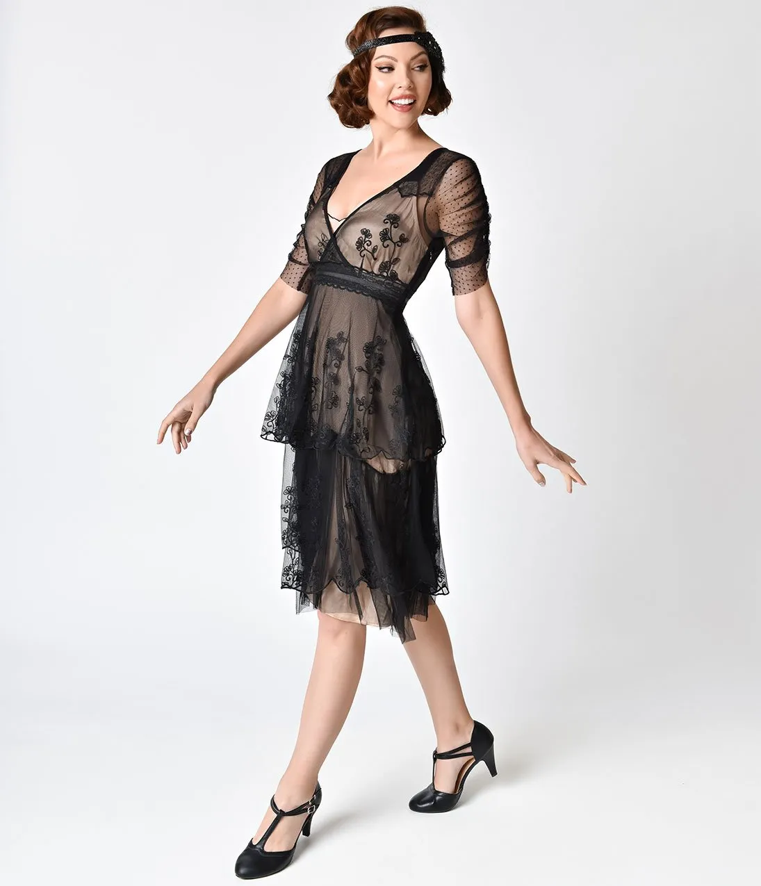 1930s Style Black Onyx Embroidered Zoey Day Dress