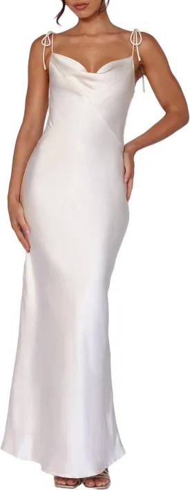 2025 Satin Cowl Neck Spaghetti Strap Slip Maxi Dress for Women Tie Strap Formal Wedding Guest Dresses with Slit
