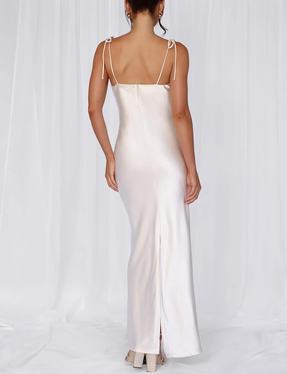 2025 Satin Cowl Neck Spaghetti Strap Slip Maxi Dress for Women Tie Strap Formal Wedding Guest Dresses with Slit