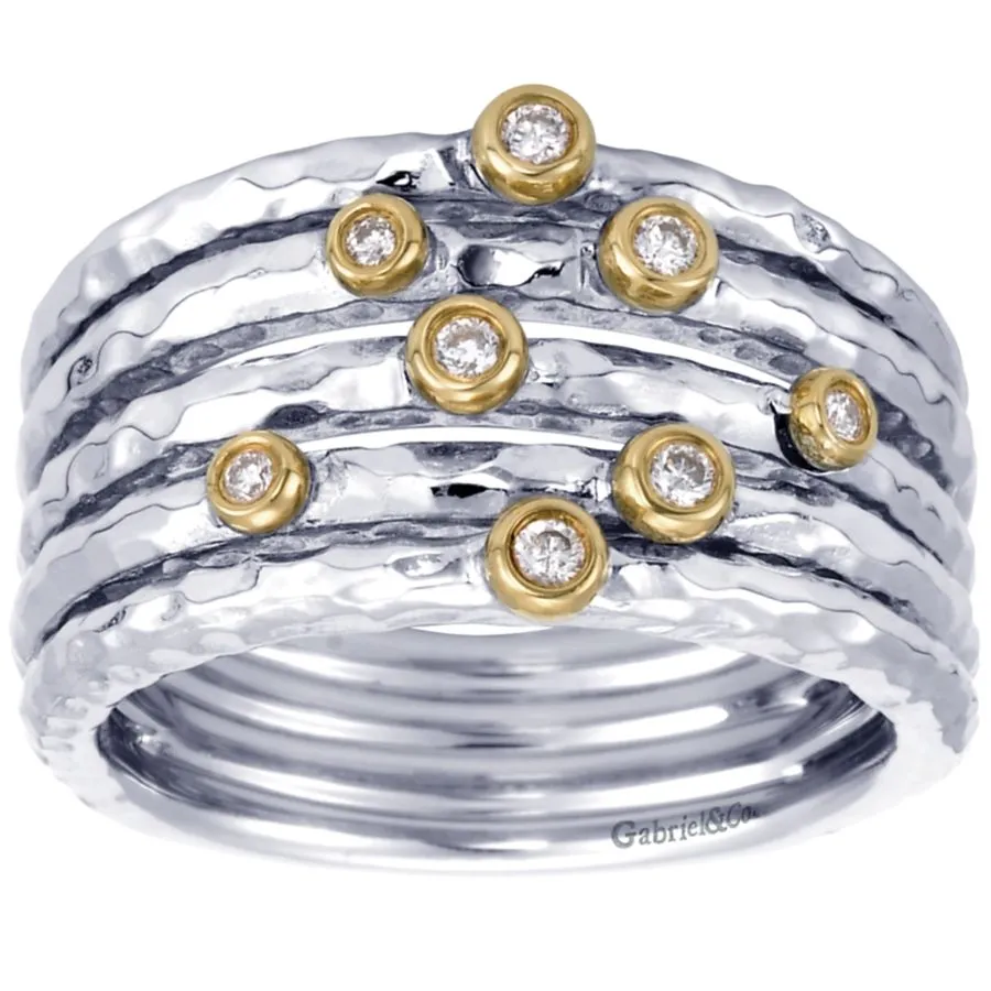 925 Sterling Silver - 18K Yellow Gold Bezel Set Diamond Station Ring