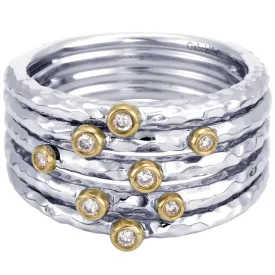 925 Sterling Silver - 18K Yellow Gold Bezel Set Diamond Station Ring