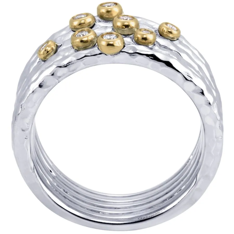 925 Sterling Silver - 18K Yellow Gold Bezel Set Diamond Station Ring