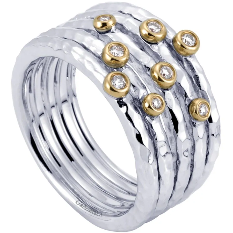 925 Sterling Silver - 18K Yellow Gold Bezel Set Diamond Station Ring