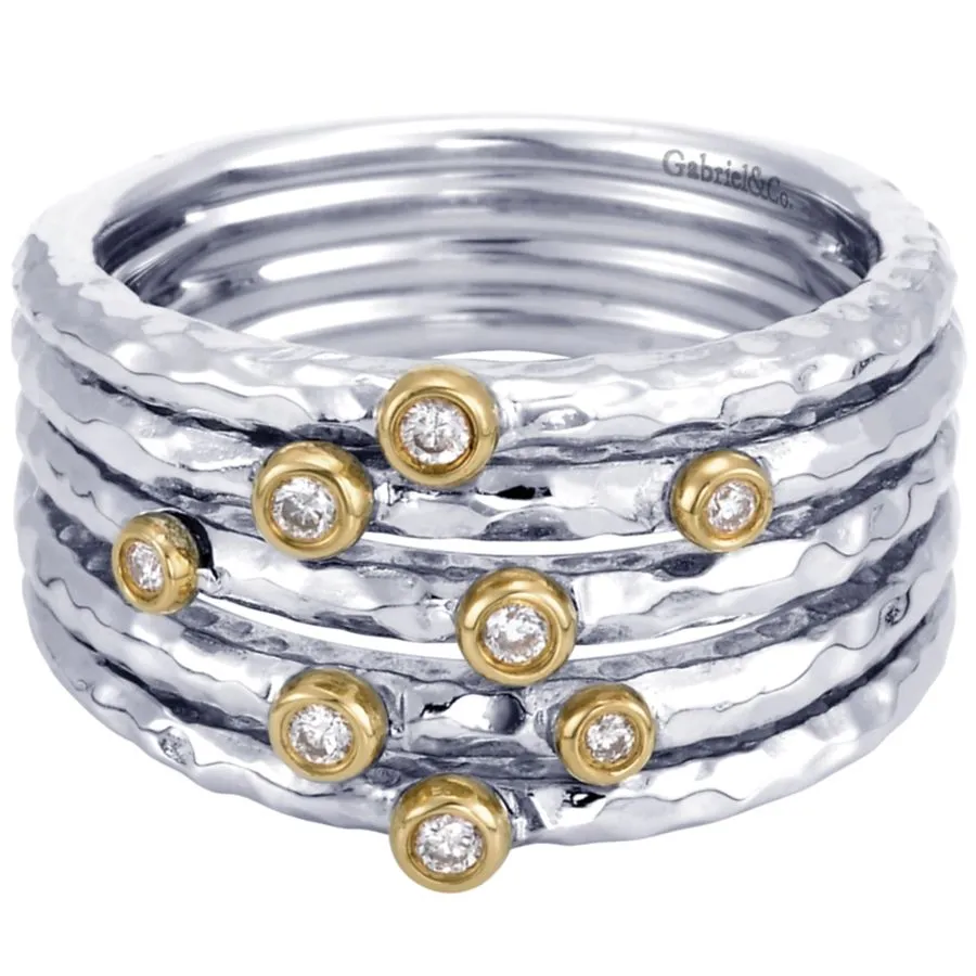 925 Sterling Silver - 18K Yellow Gold Bezel Set Diamond Station Ring