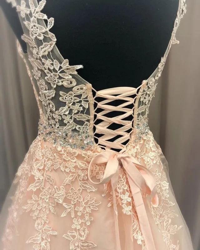A Line V Neck Pink Lace Long Prom 2020 with Belt, Pink Lace Formal Graduation Evening