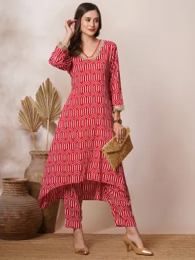 Abstract Stripes Printed & Embroidered A-Line Co-ord Set - Red
