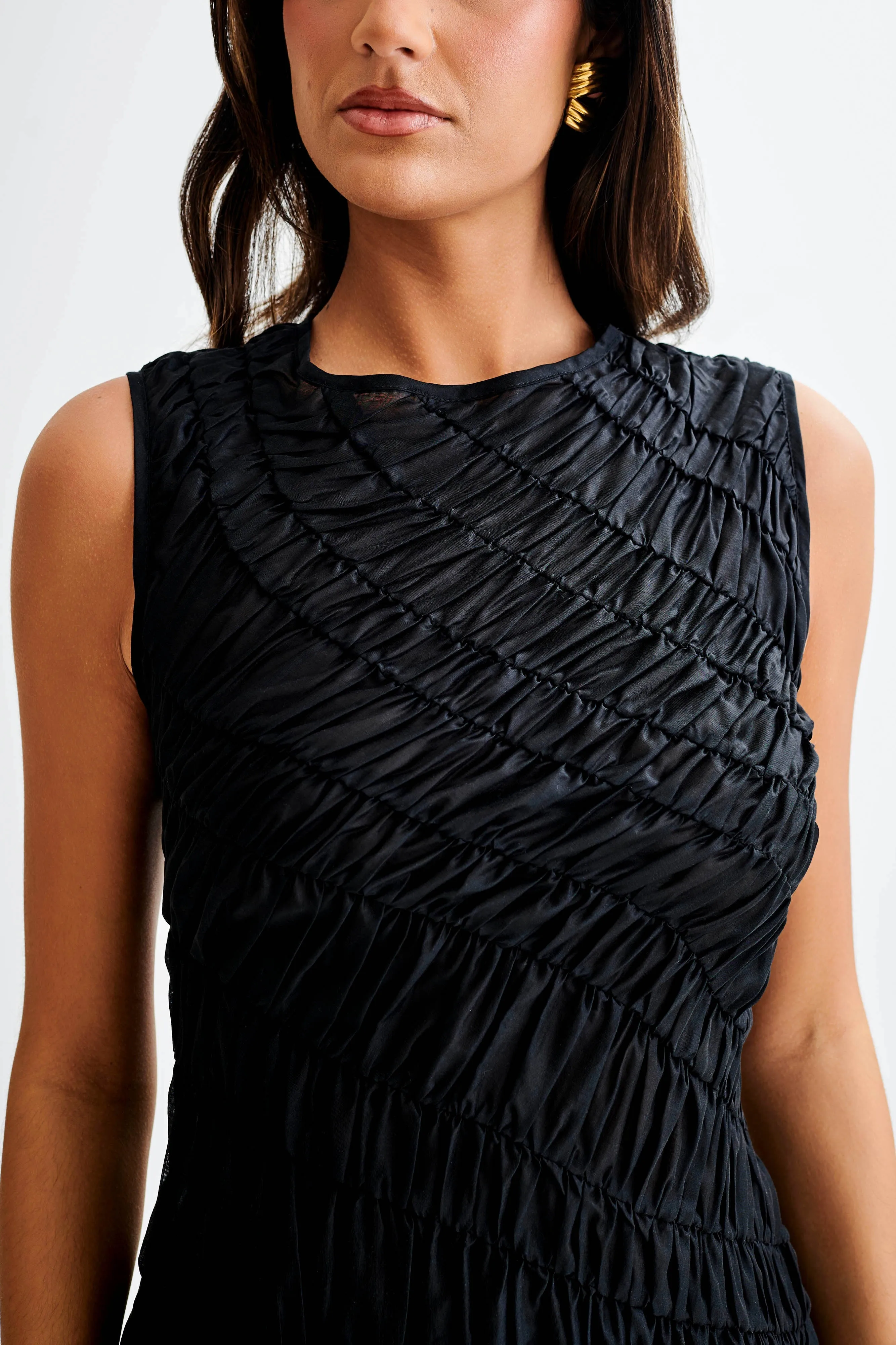 Adella Elegant Black Gathered Mini Dress