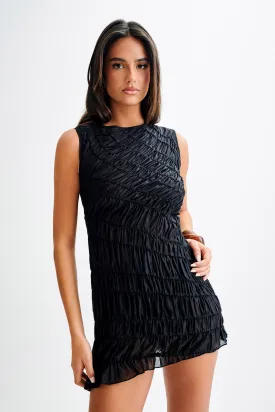 Adella Elegant Black Gathered Mini Dress