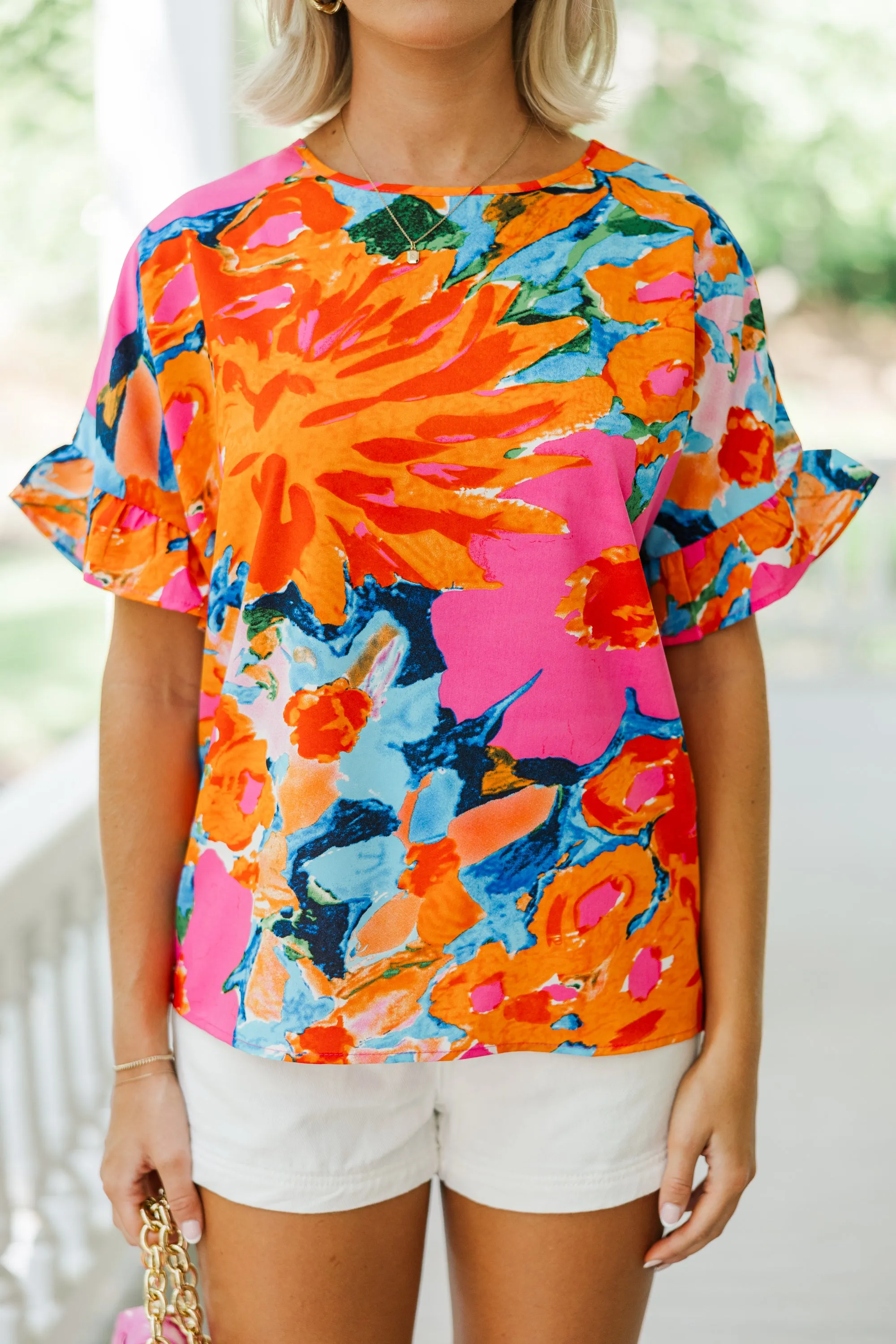 All I Ask Coral Orange Floral Ruffled Top