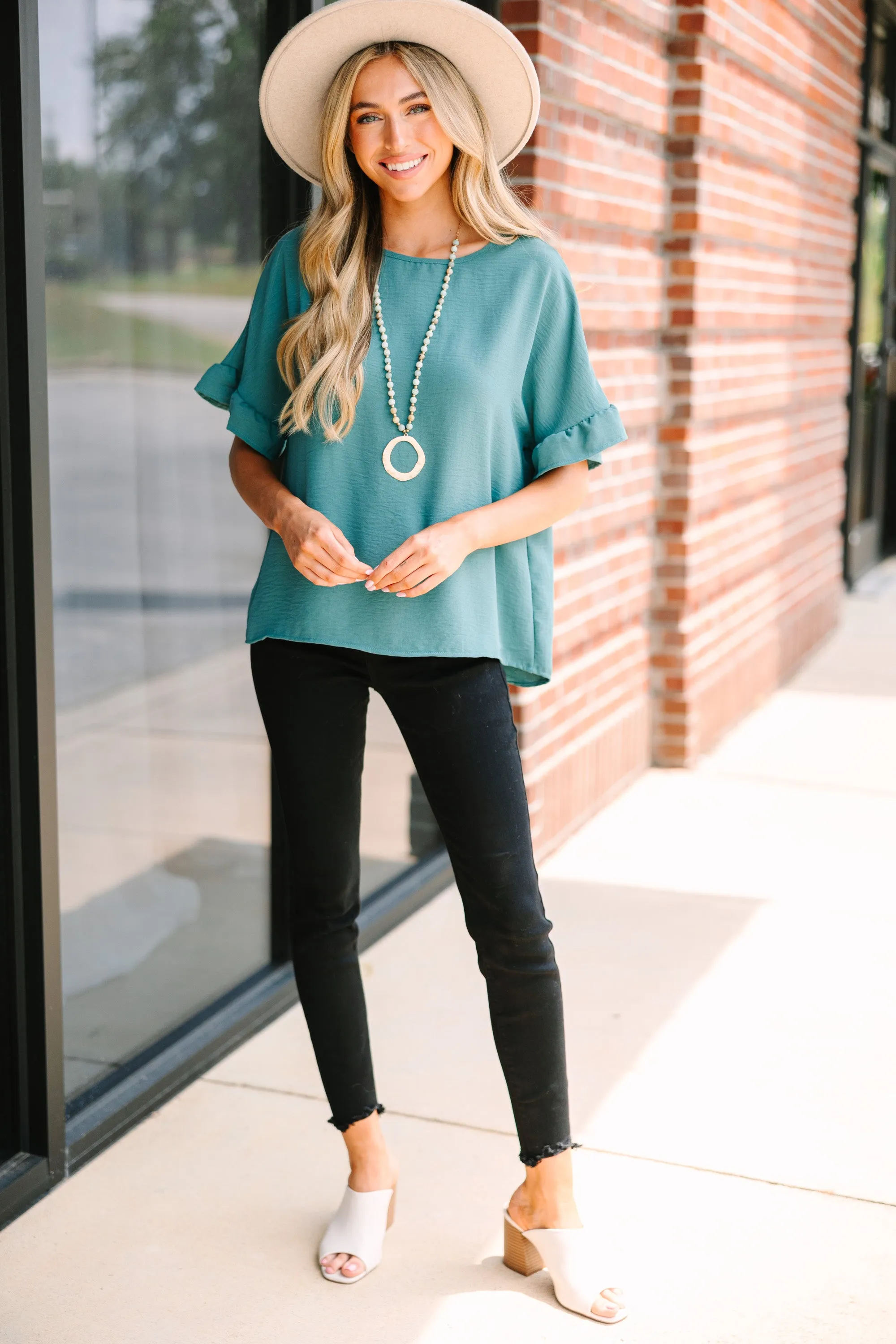 All I Ask Dark Sage Green Ruffled Top