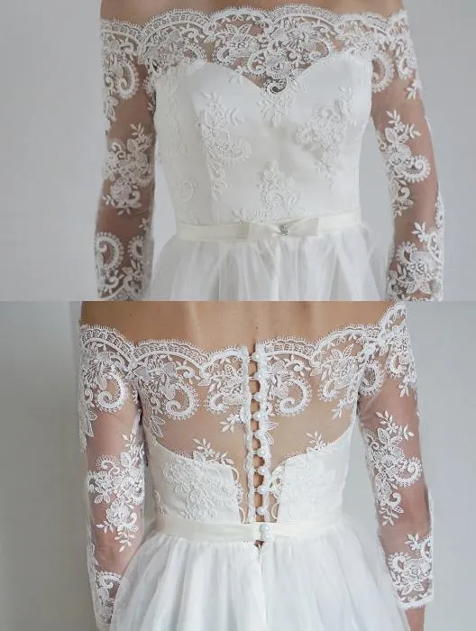 Alluring Lace & Tulle Off-the-shoulder Neckline A-line Wedding Dresses With Belt WD102