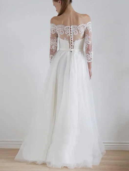 Alluring Lace & Tulle Off-the-shoulder Neckline A-line Wedding Dresses With Belt WD102