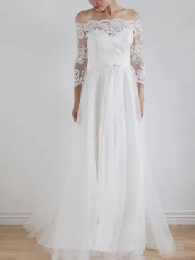 Alluring Lace & Tulle Off-the-shoulder Neckline A-line Wedding Dresses With Belt WD102