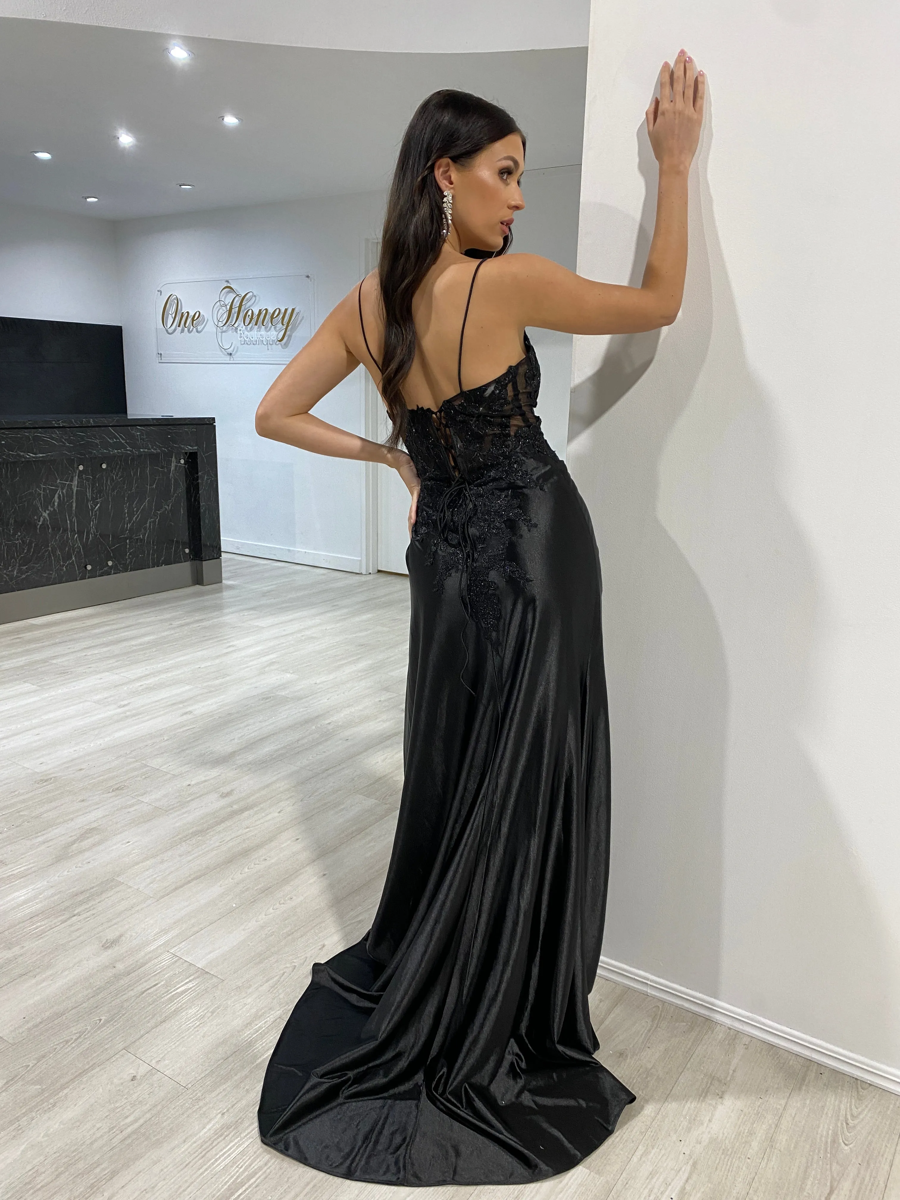 Elegant ALVA Lace-Trim Corset-Back Formal Dress in Silky Fabric