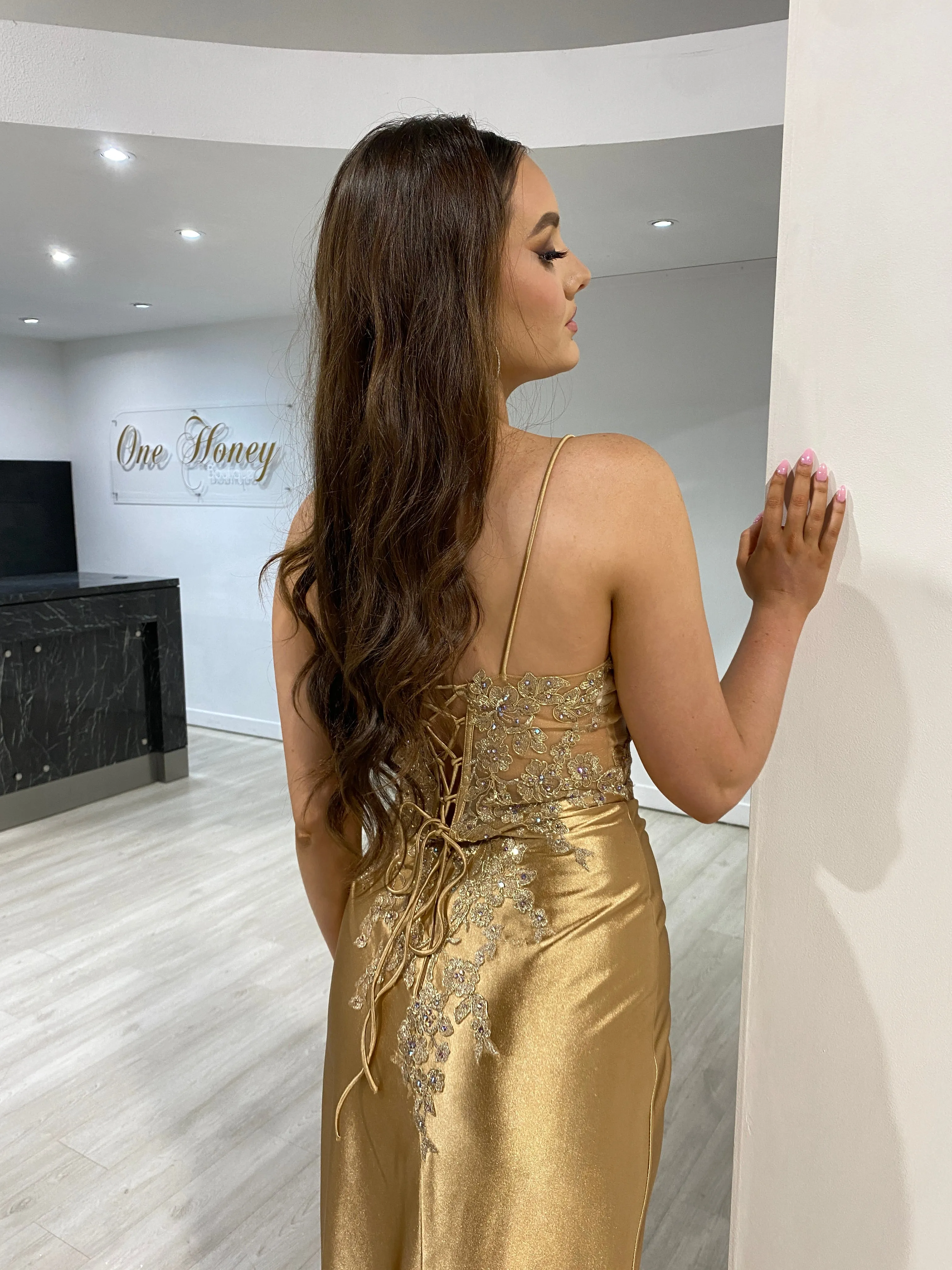 Elegant ALVA Lace-Trim Corset-Back Formal Dress in Silky Fabric