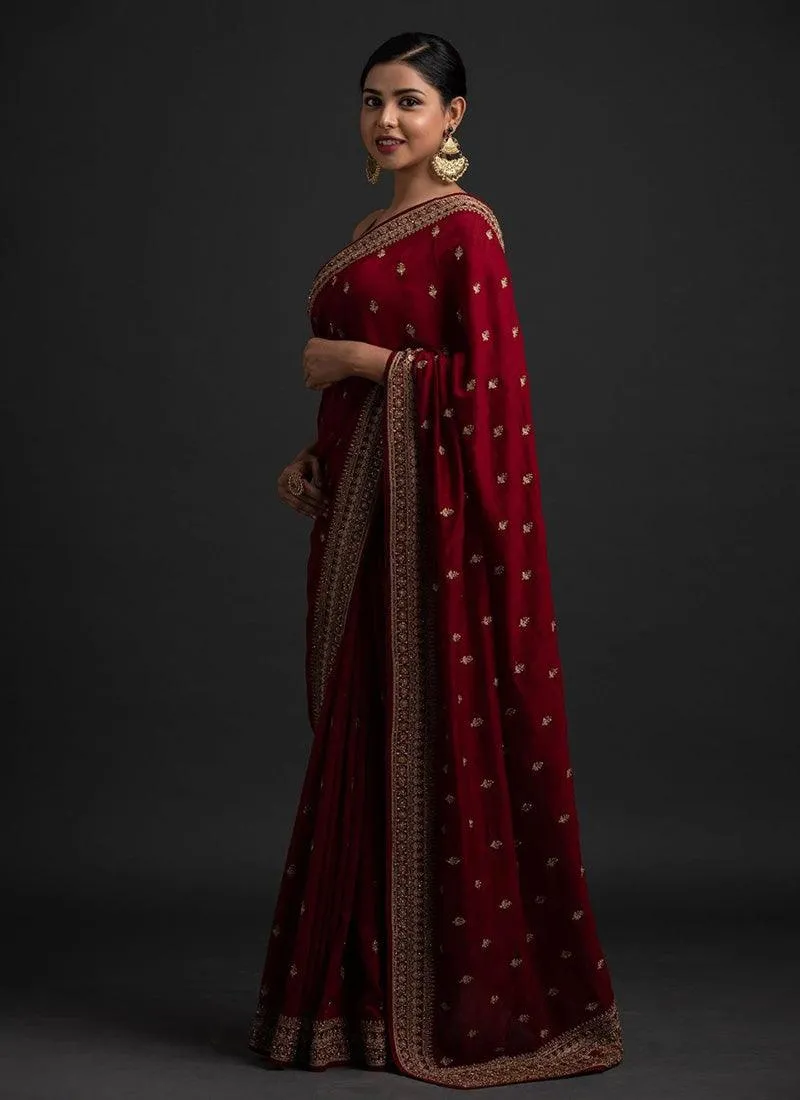 Amazing Maroon Color Silk Base Saree With Zari And Sequins Work Border