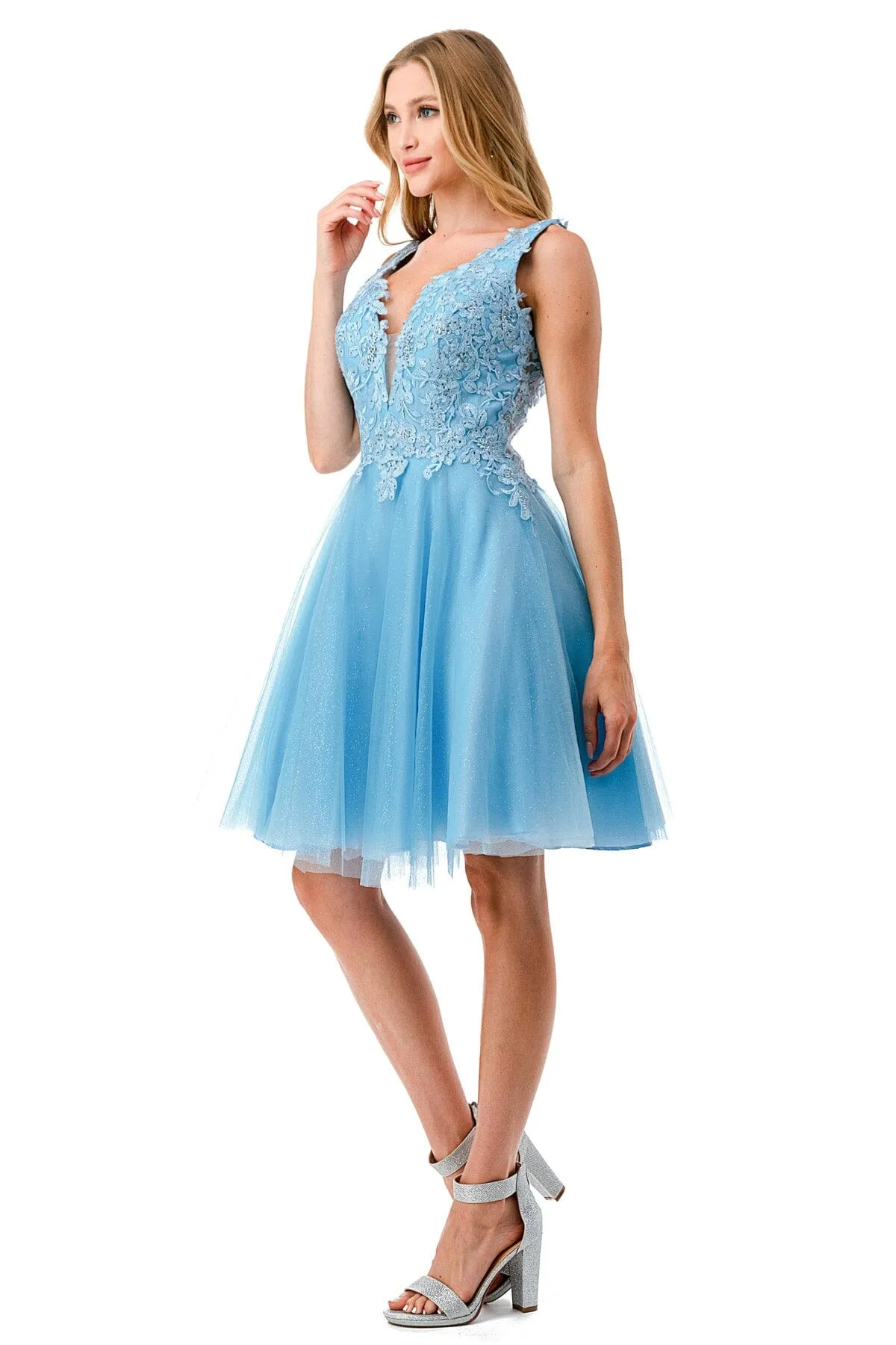 Applique Short V-Neck Dress by Coya S2739J