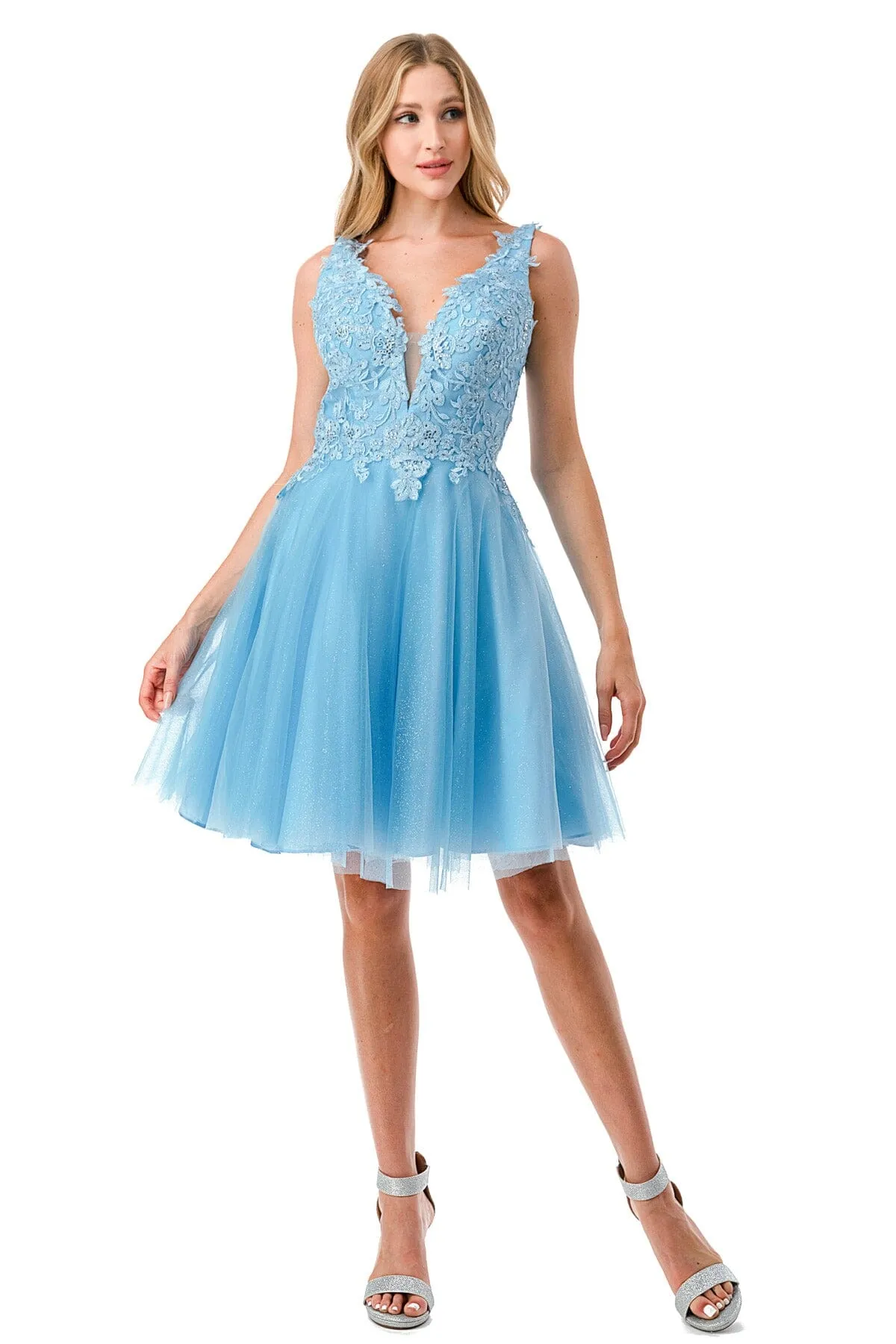 Applique Short V-Neck Dress by Coya S2739J