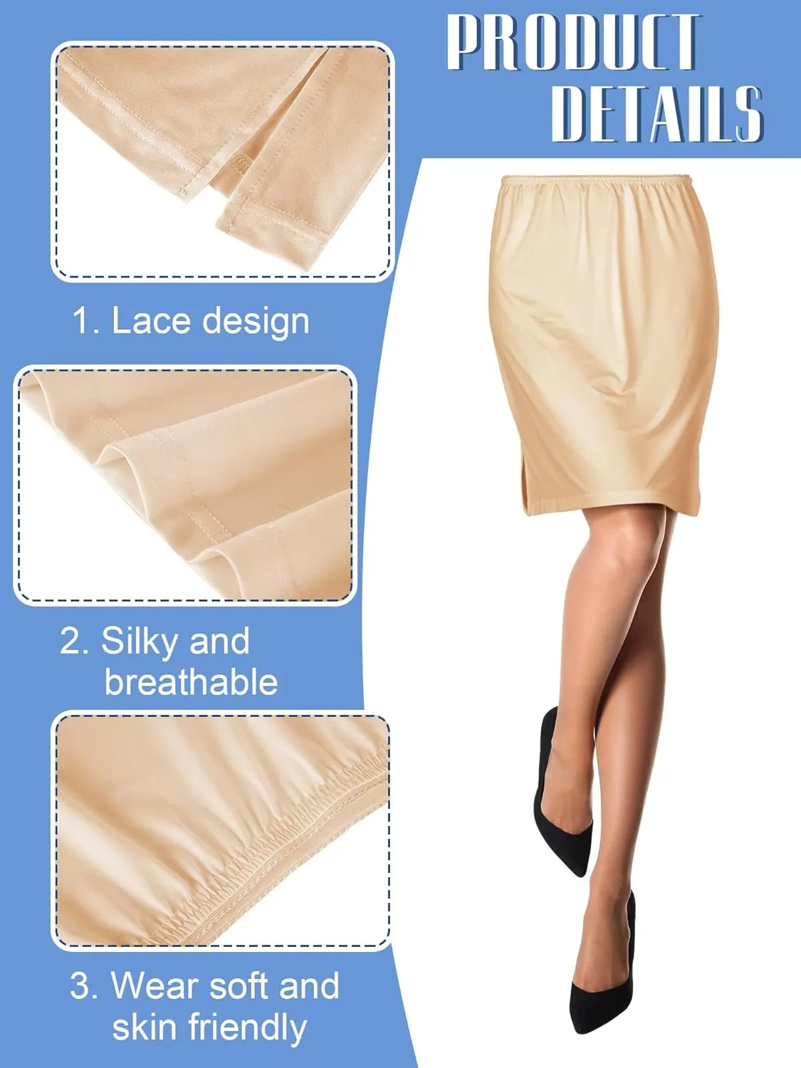 Bencailor 3 Pcs Half Slips for Women Underskirt Short Mini Skirt with Slit Above Knee Skirt Slip with Trim for Wedding Party