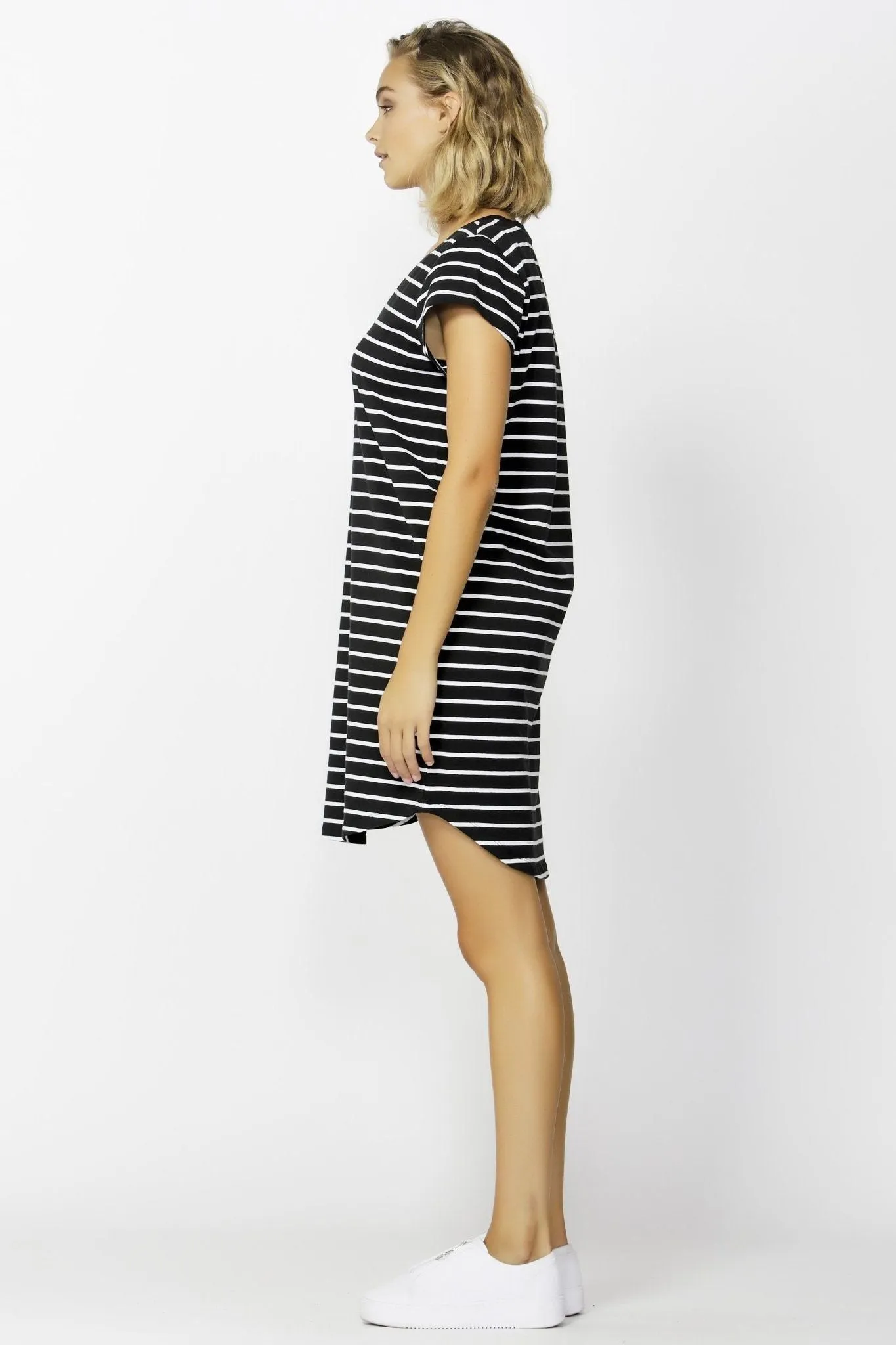 Betty Basics Ava V-Neck Mini Dress in Black with White Stripe