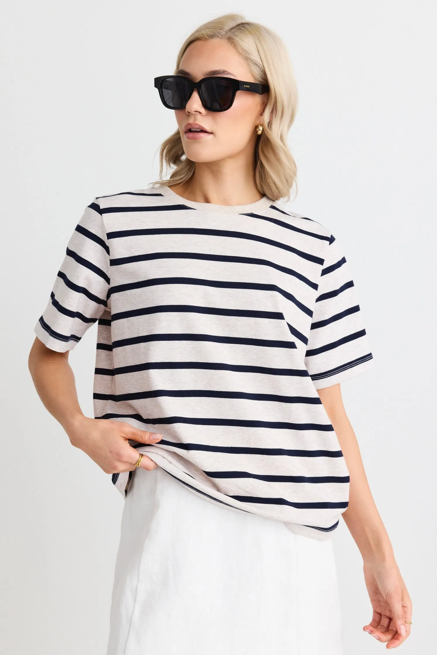 Binding Ecru Navy Stripe Boxy Fit Tee