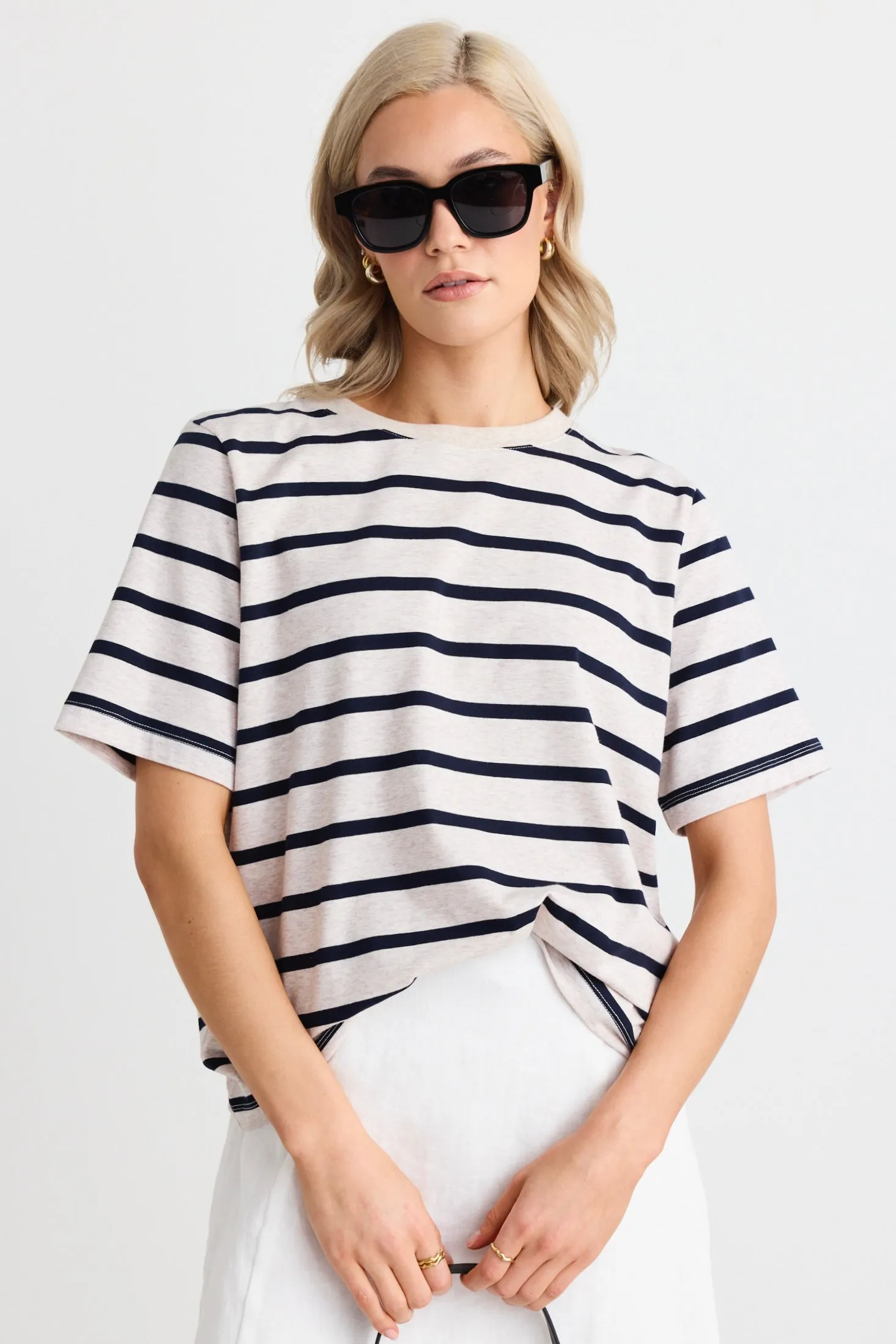 Binding Ecru Navy Stripe Boxy Fit Tee