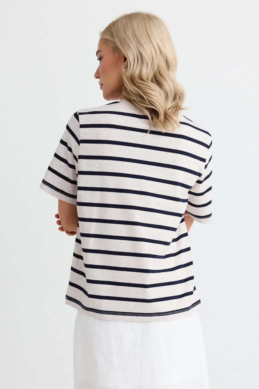 Binding Ecru Navy Stripe Boxy Fit Tee