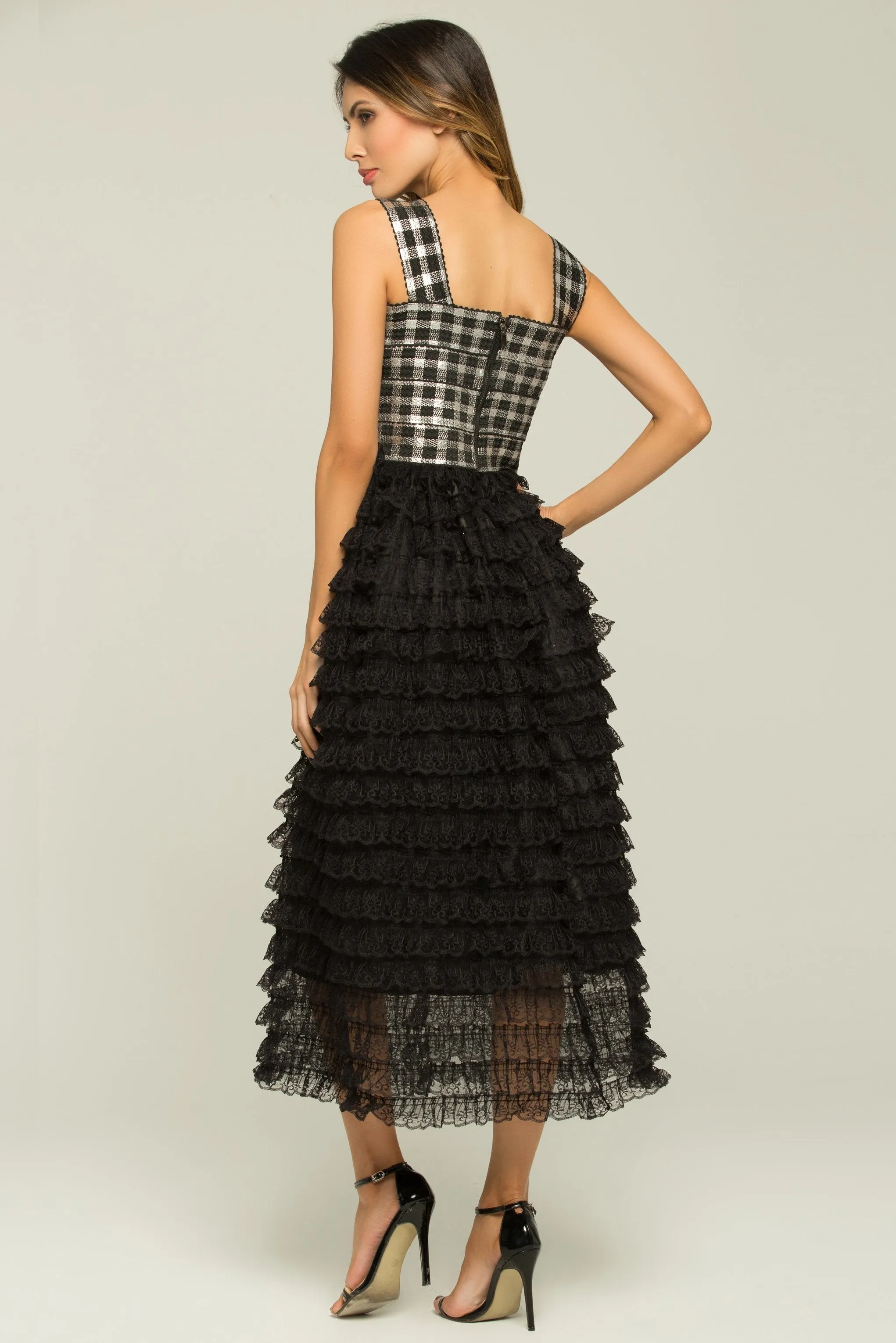 Black and White Check Tiered Ruffle Lace Dress