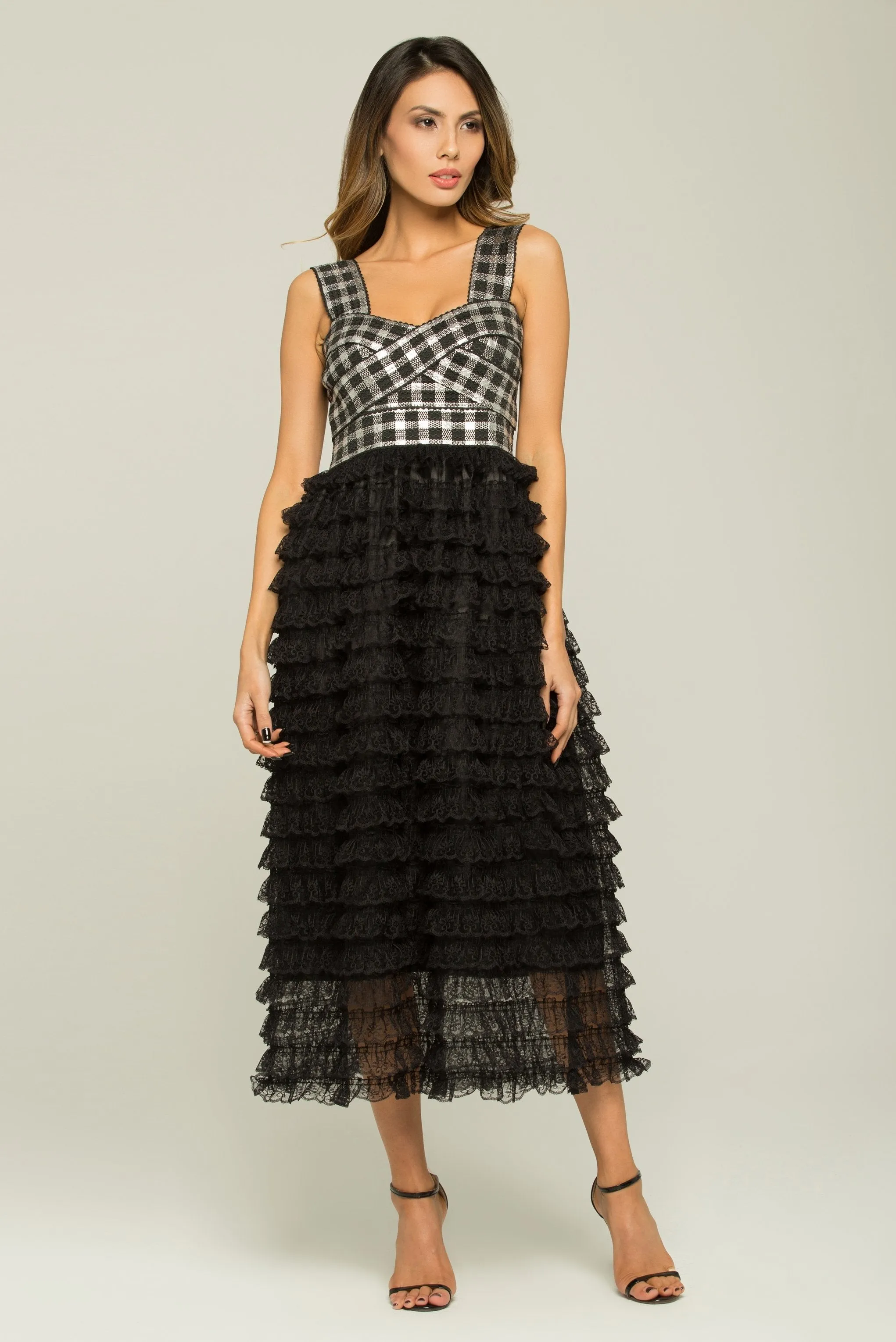 Black and White Check Tiered Ruffle Lace Dress