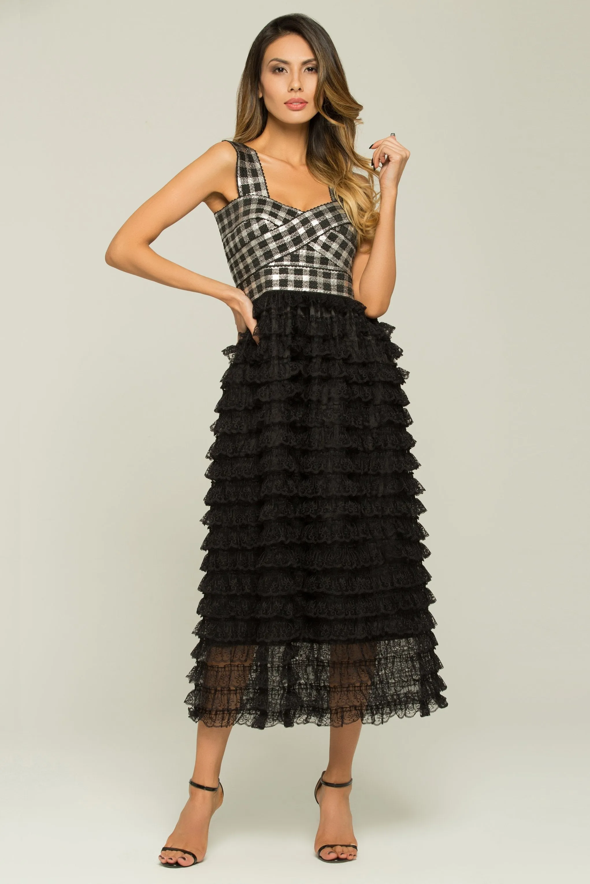 Black and White Check Tiered Ruffle Lace Dress