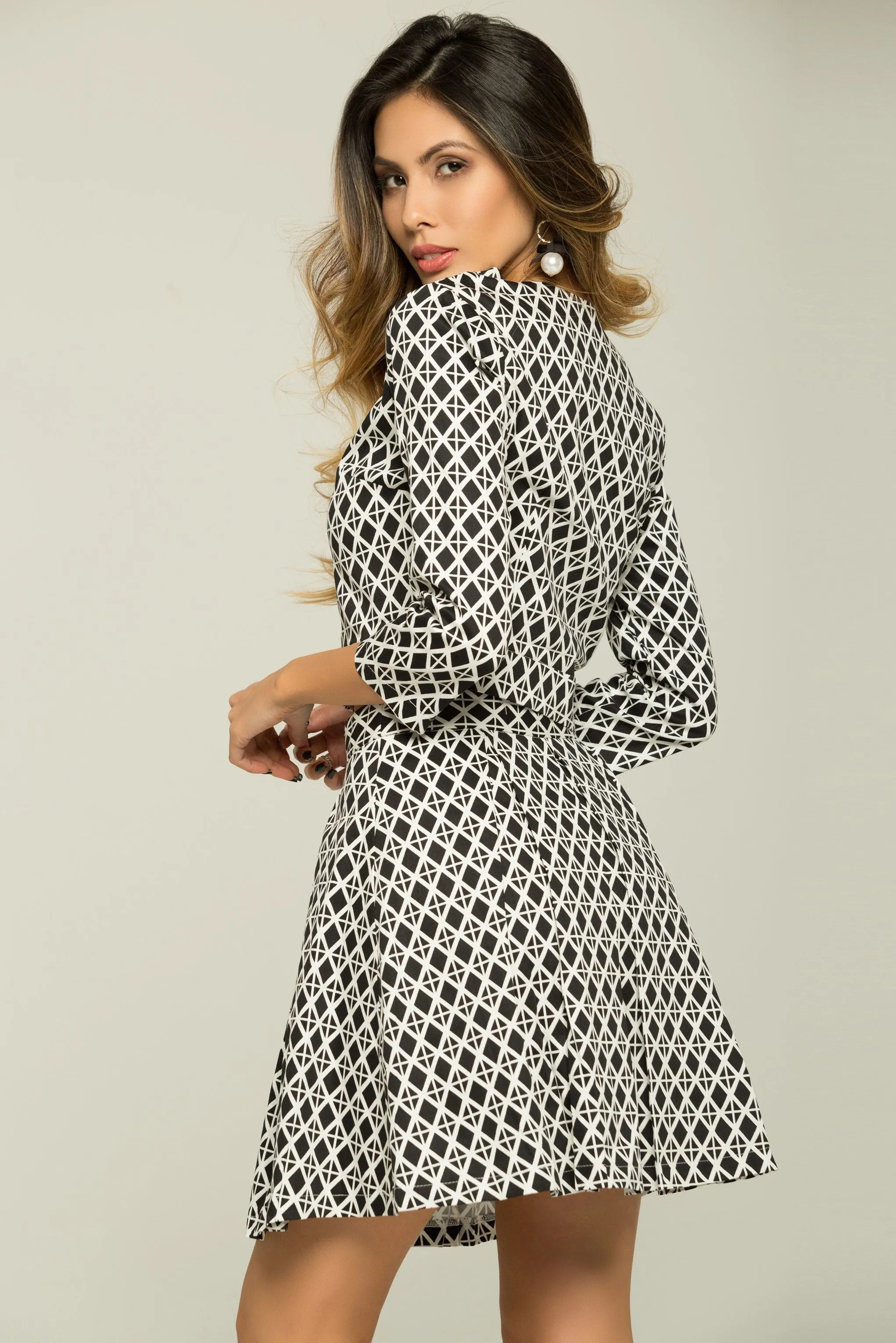 Black and White Diamond Print Dress Set