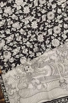 Black And White Kalamkari Hand Painted Pure Bangalore Silk Saree