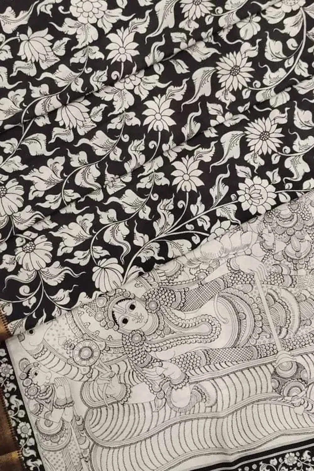 Black And White Kalamkari Hand Painted Pure Bangalore Silk Saree