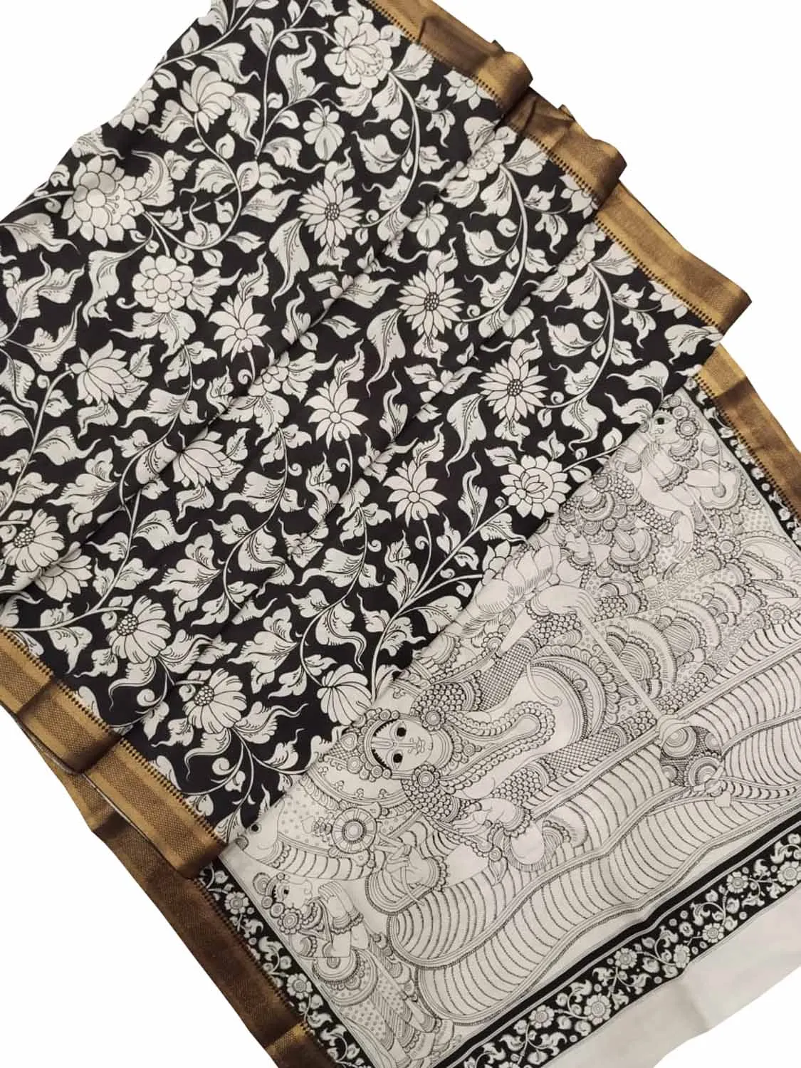 Black And White Kalamkari Hand Painted Pure Bangalore Silk Saree
