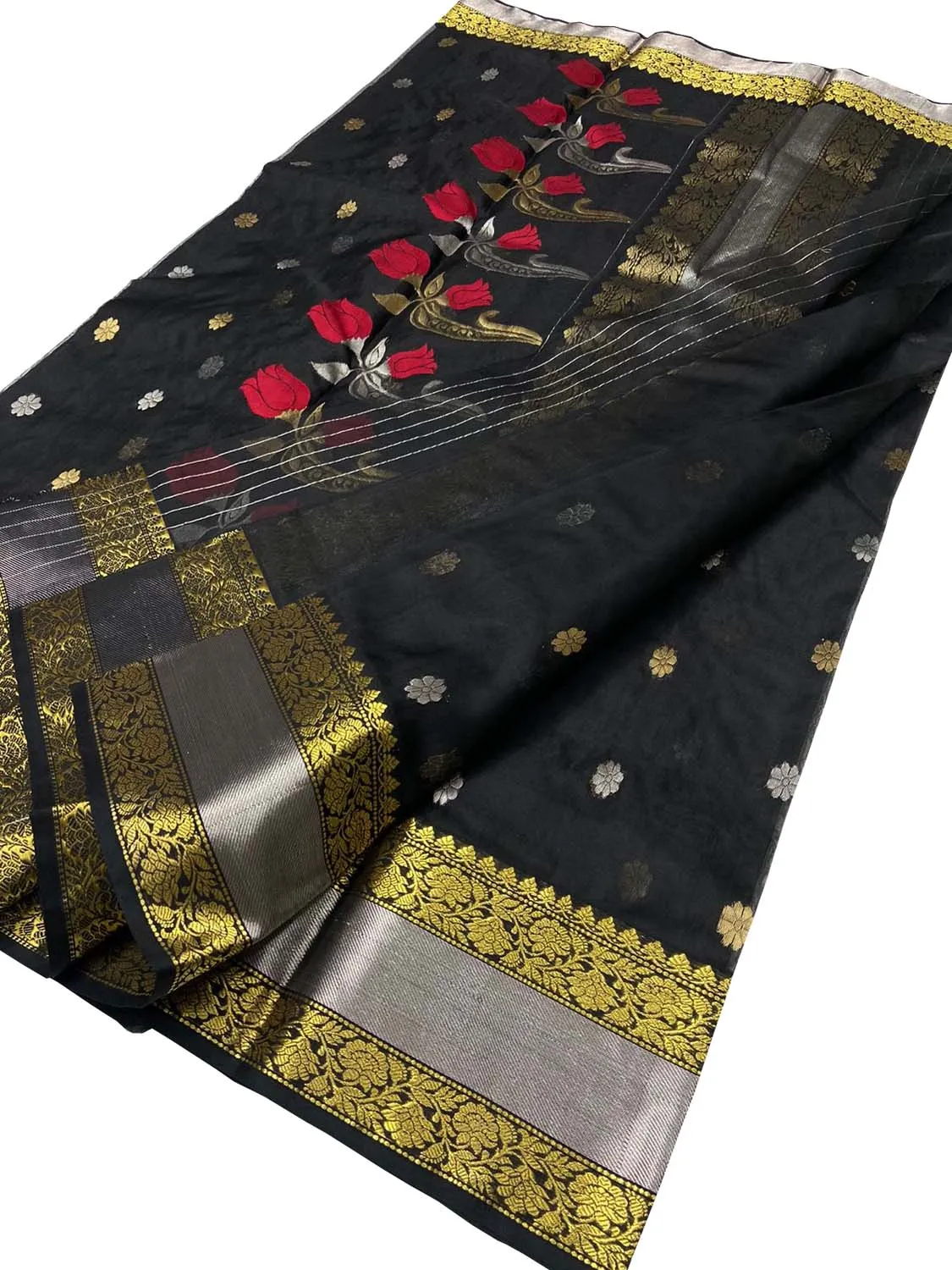 Black Chanderi Handloom Pure Katan Silk Flower Design Saree