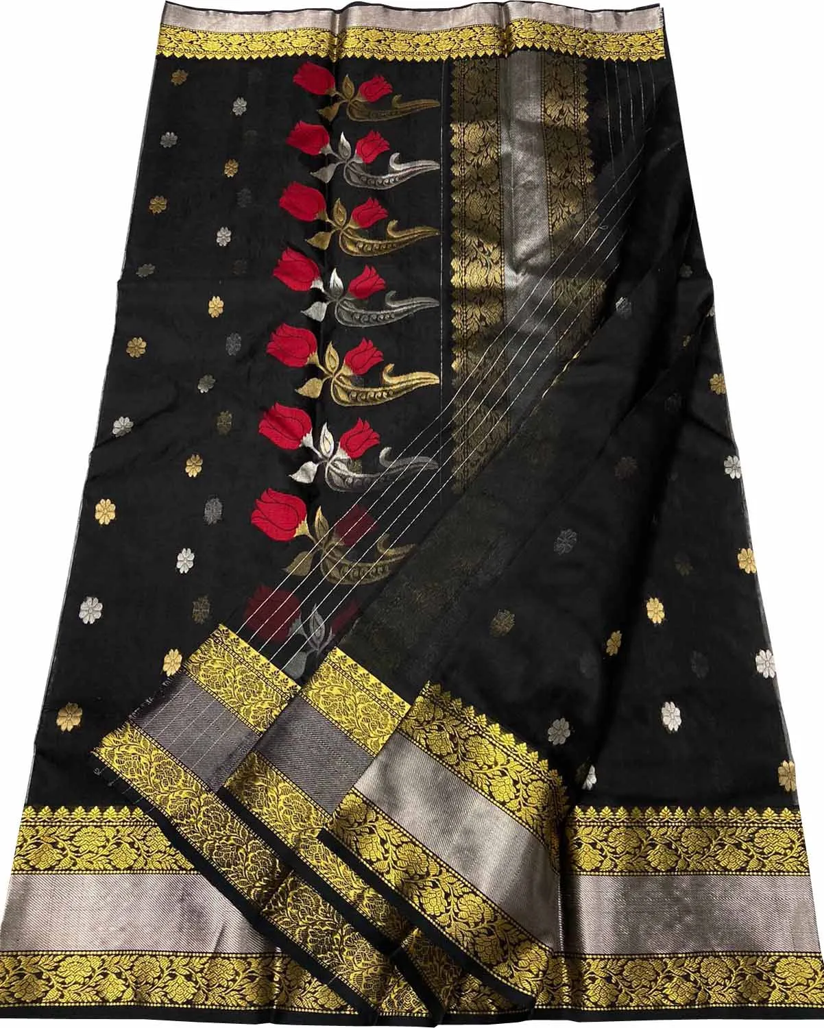 Black Chanderi Handloom Pure Katan Silk Flower Design Saree