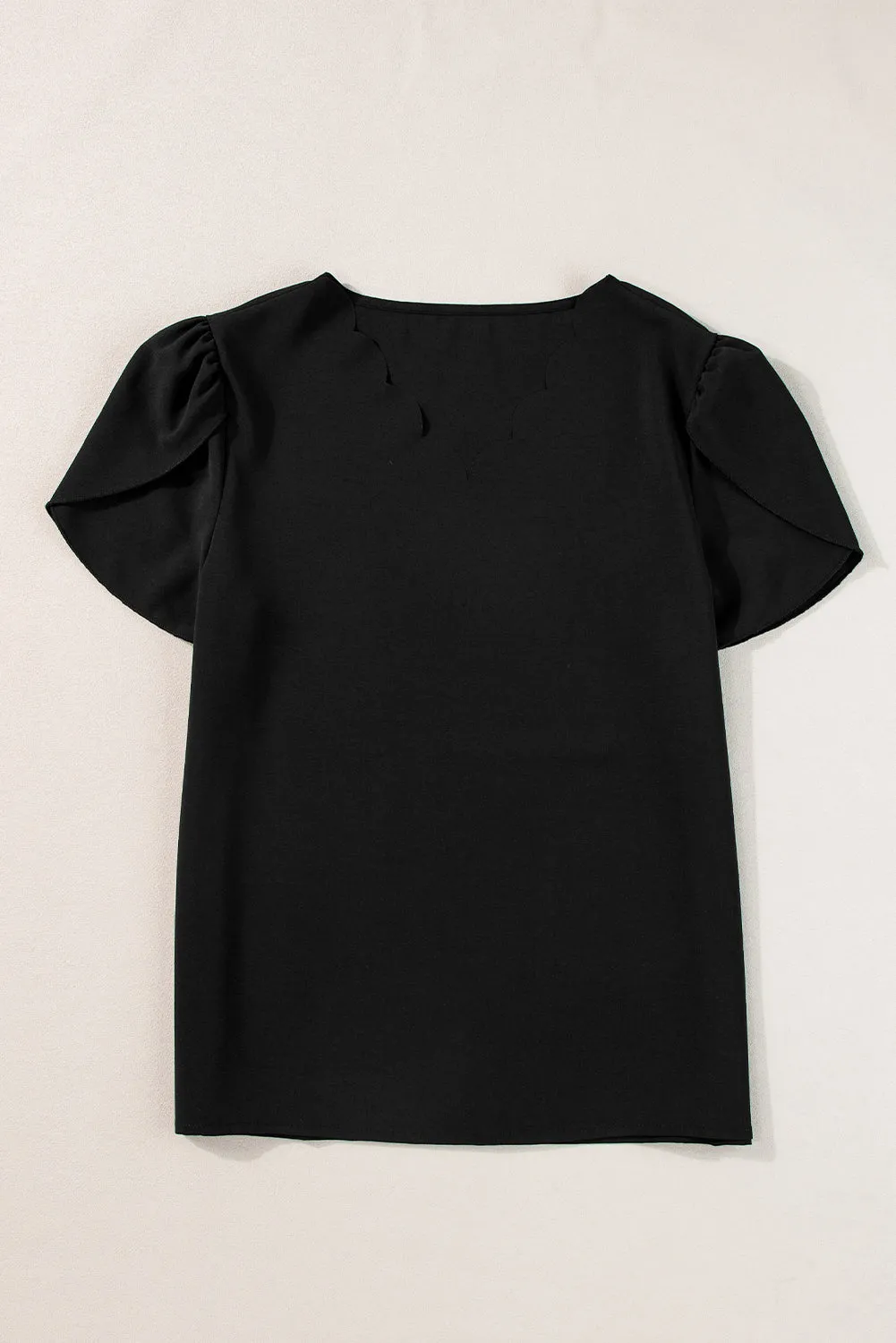 Black Scalloped V-Neck Petal Sleeve Top