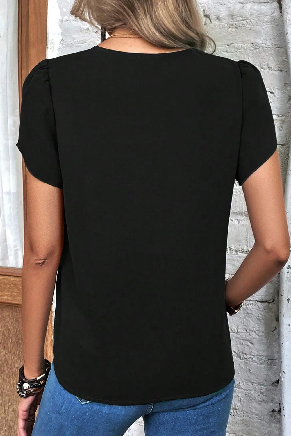 Black Scalloped V-Neck Petal Sleeve Top