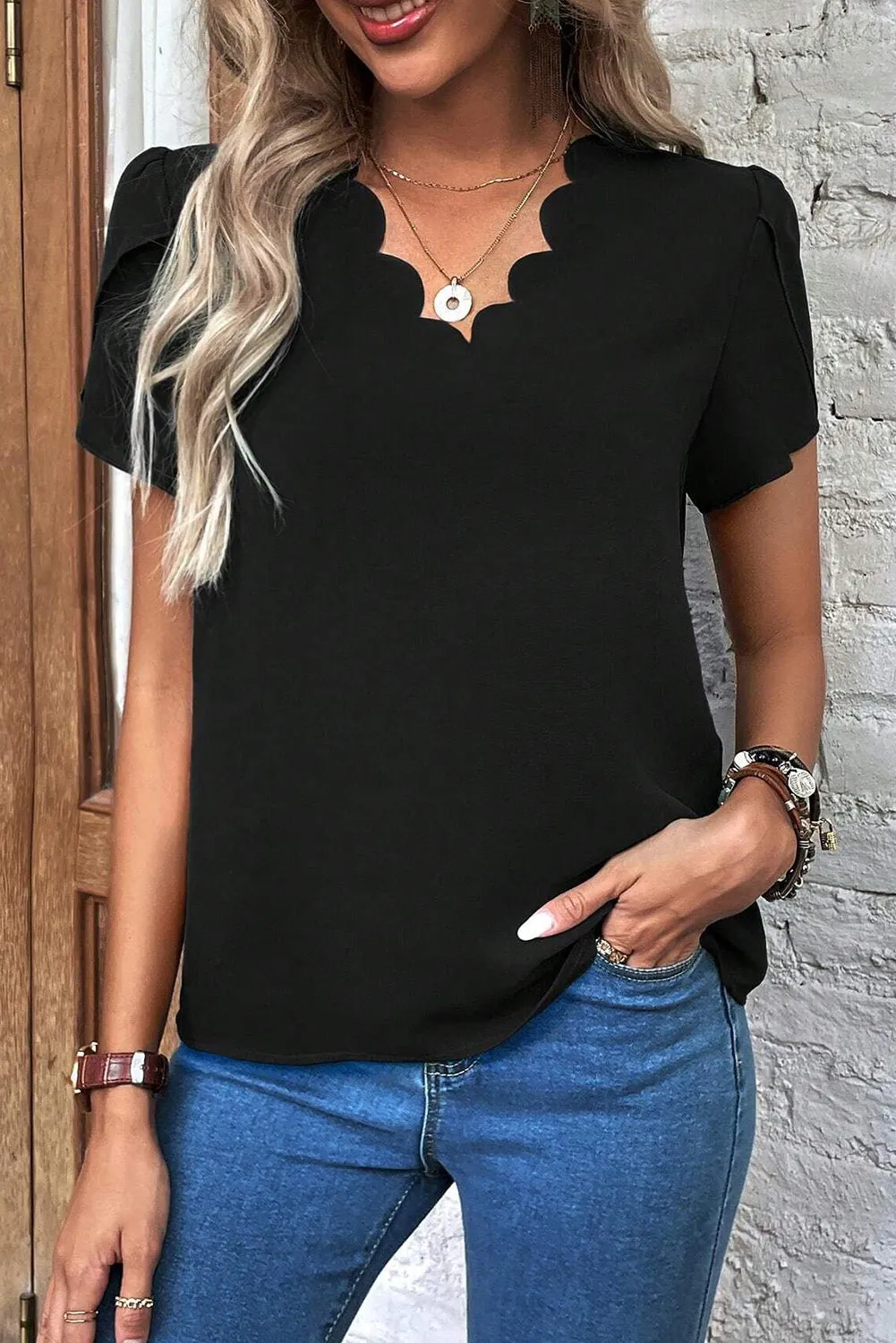Black Scalloped V-Neck Petal Sleeve Top