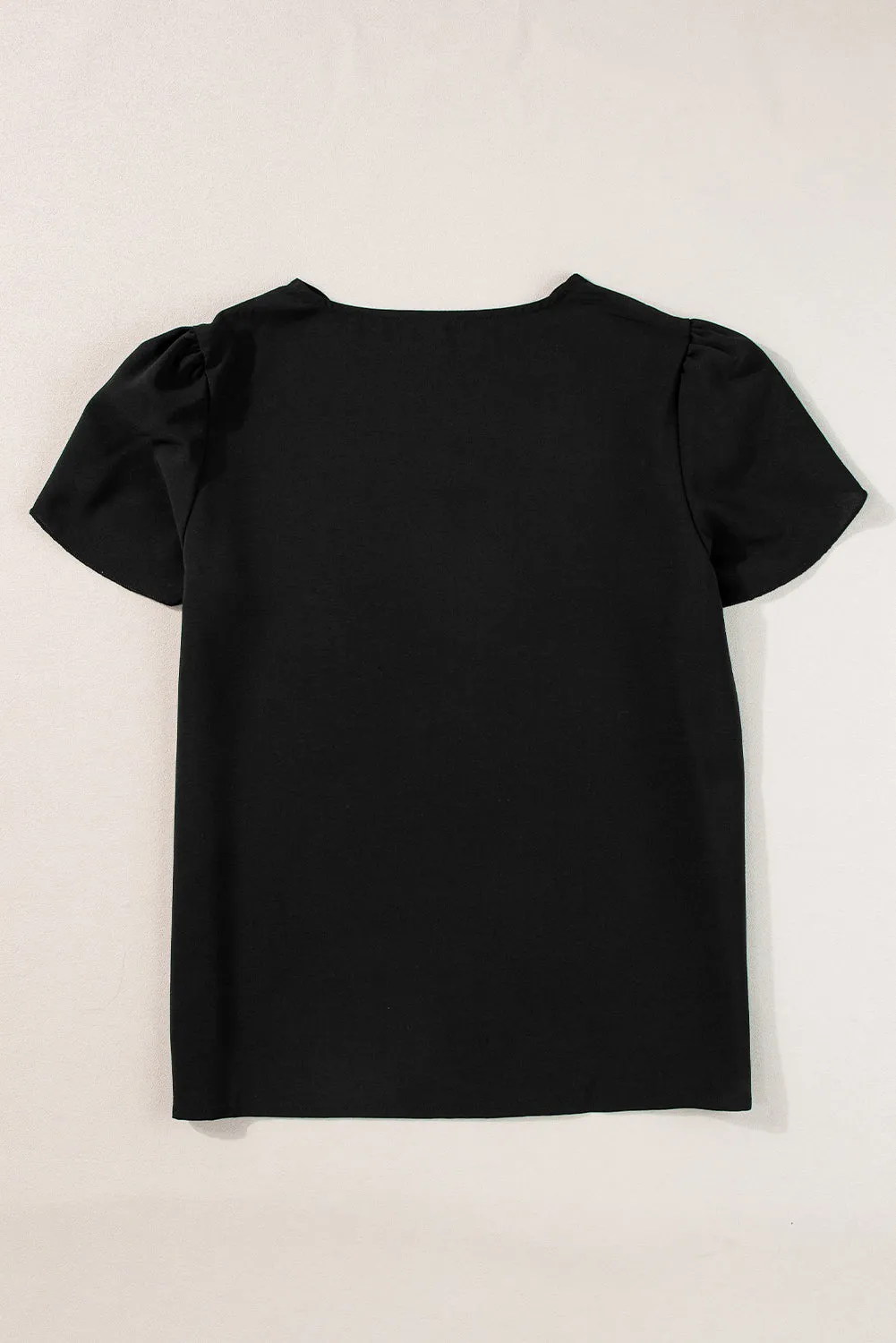 Black Scalloped V-Neck Petal Sleeve Top