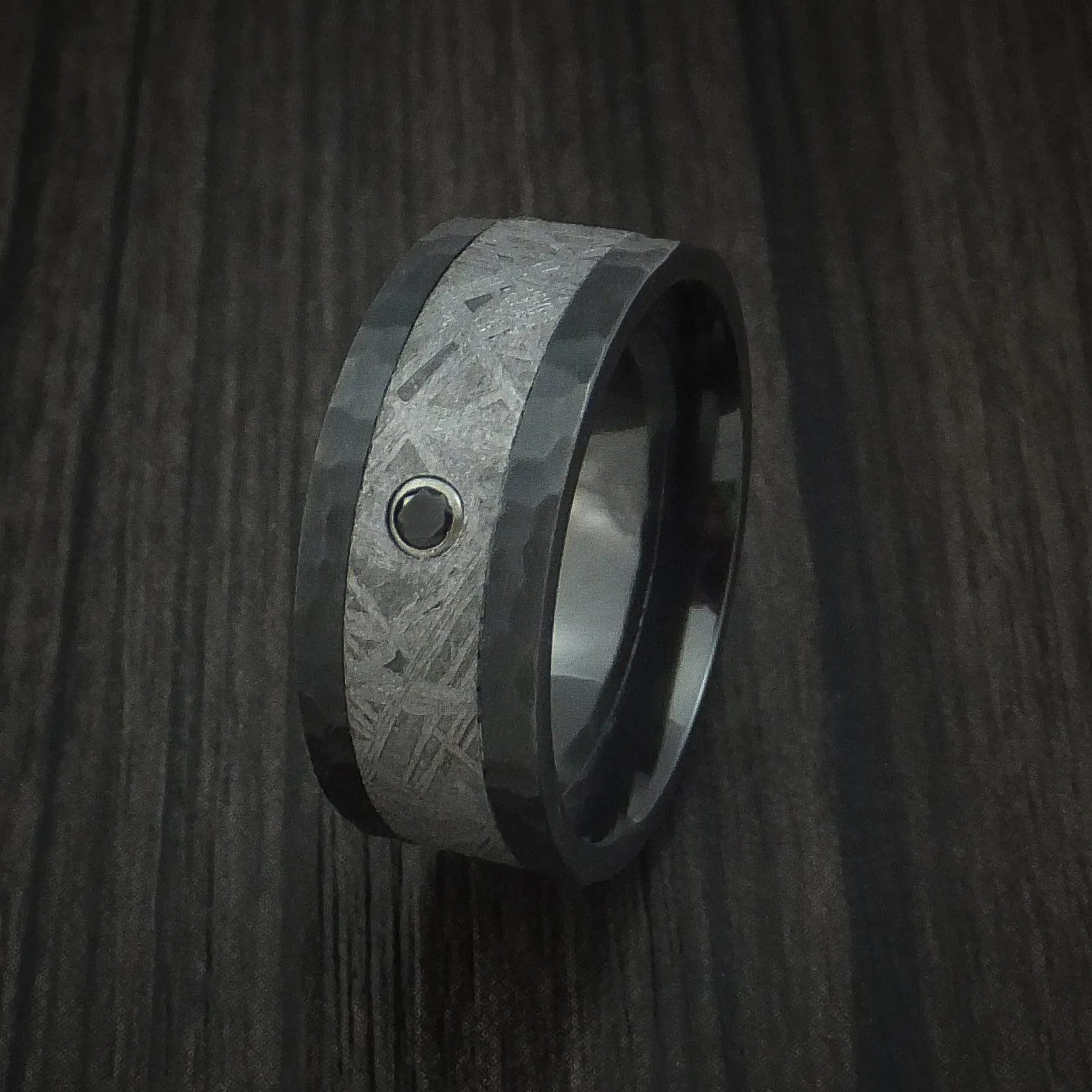 Black Zirconium Hammered Men's Ring with Gibeon Meteorite and Black Diamond Custom Made Band