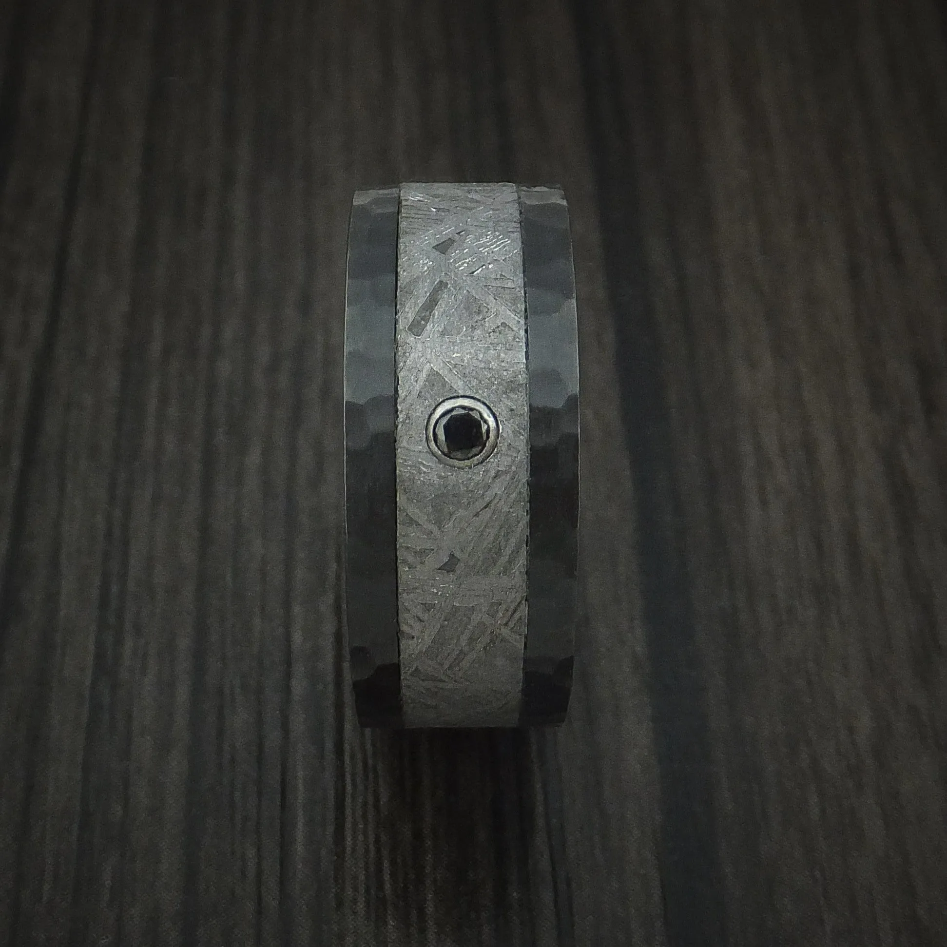 Black Zirconium Hammered Men's Ring with Gibeon Meteorite and Black Diamond Custom Made Band