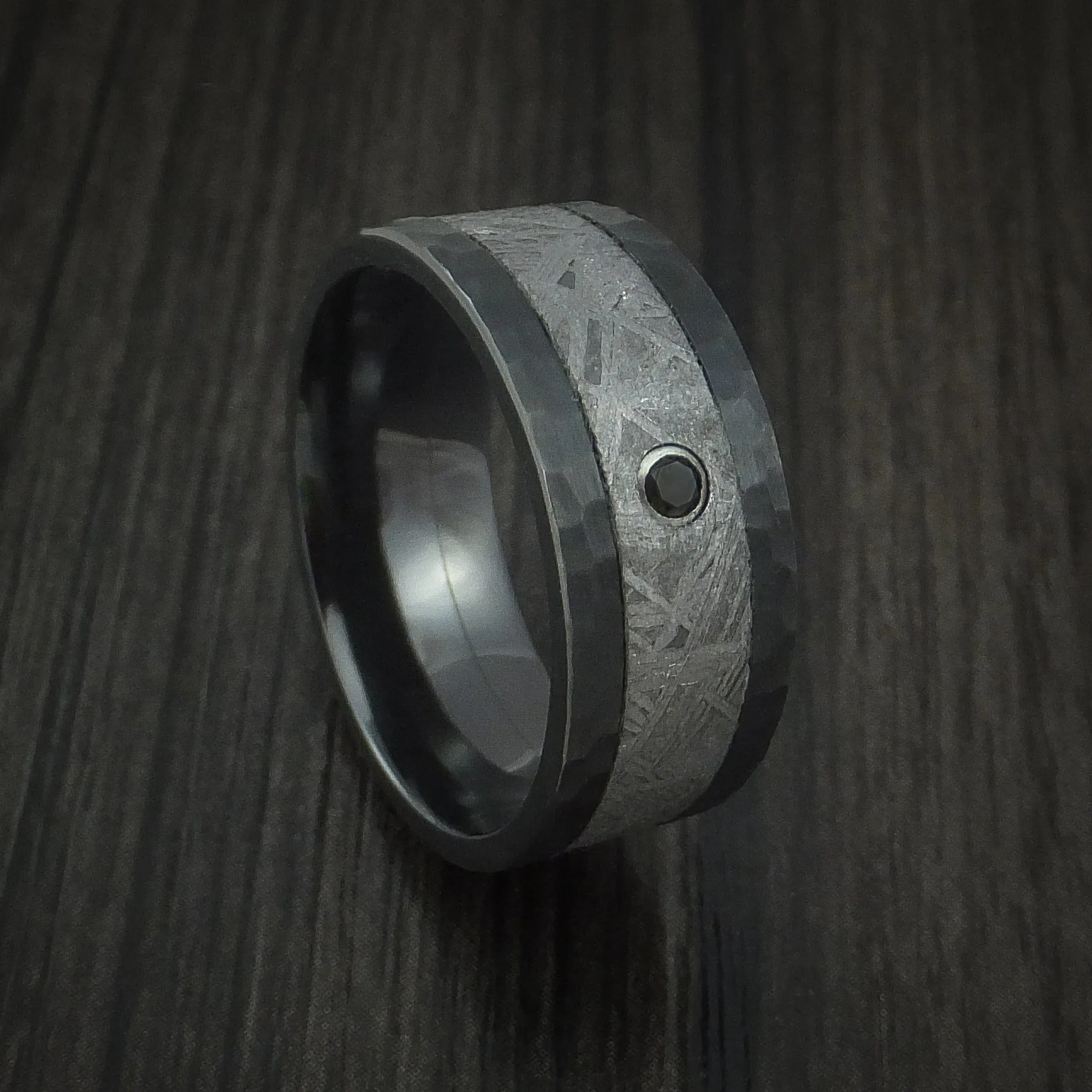 Black Zirconium Hammered Men's Ring with Gibeon Meteorite and Black Diamond Custom Made Band