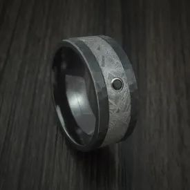 Black Zirconium Hammered Men's Ring with Gibeon Meteorite and Black Diamond Custom Made Band