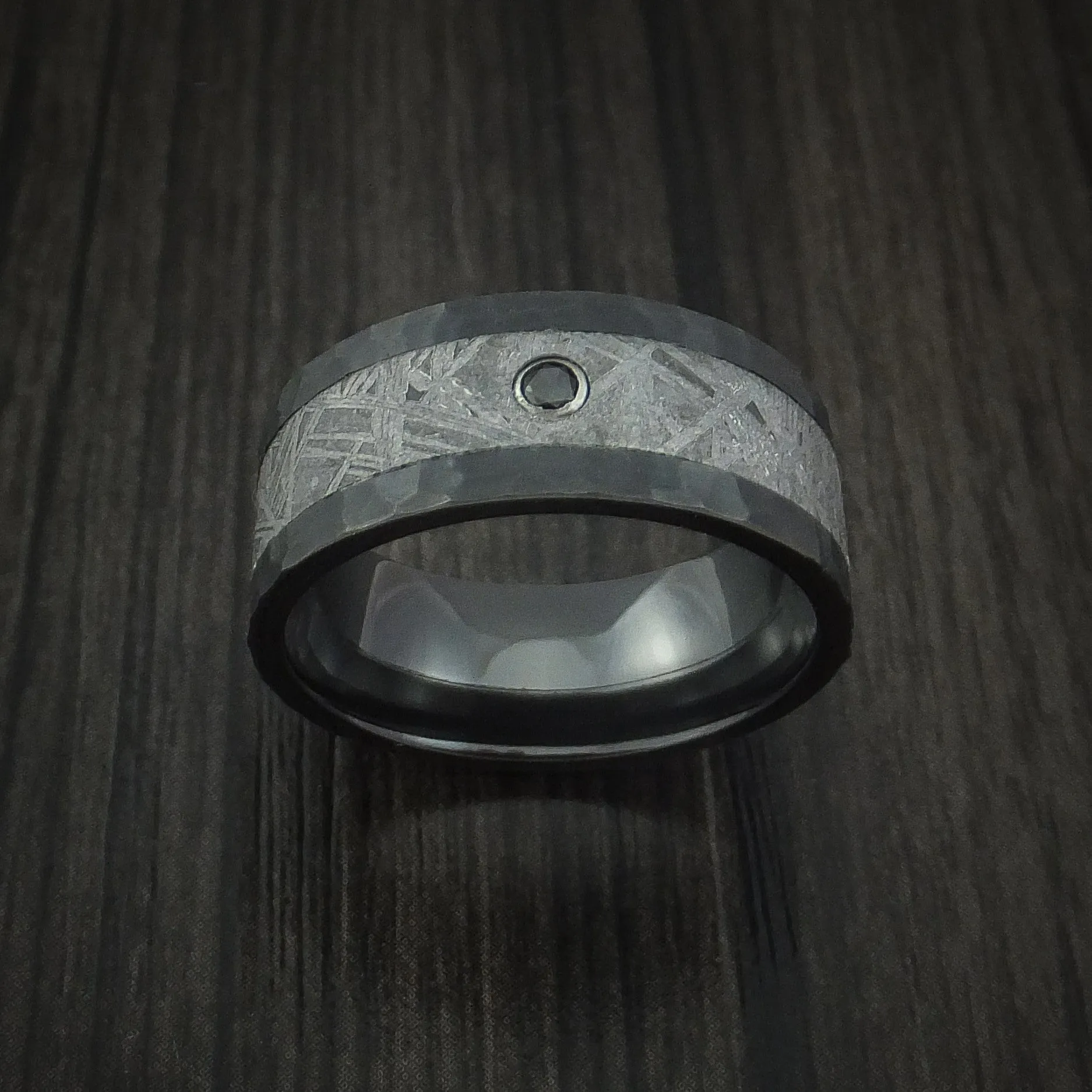 Black Zirconium Hammered Men's Ring with Gibeon Meteorite and Black Diamond Custom Made Band